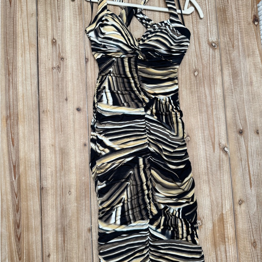 Cache Animal Print Bodycon Ruched Midi Dress